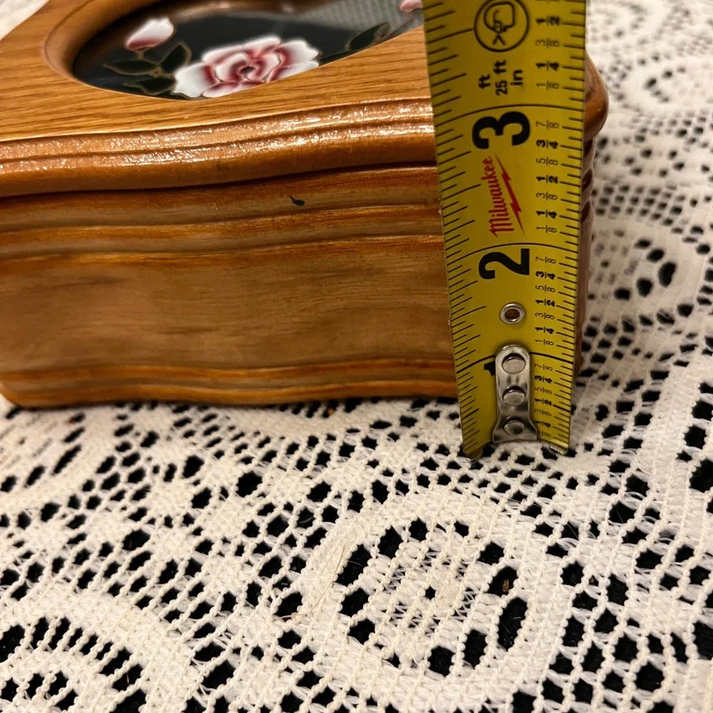 Vintage Wooden Jewelry Box Heart Shaped Floral Glass Inlay